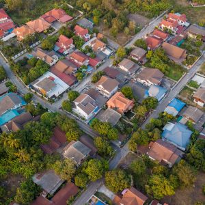 neighborhood with residential houses and driveways, land use planning concept